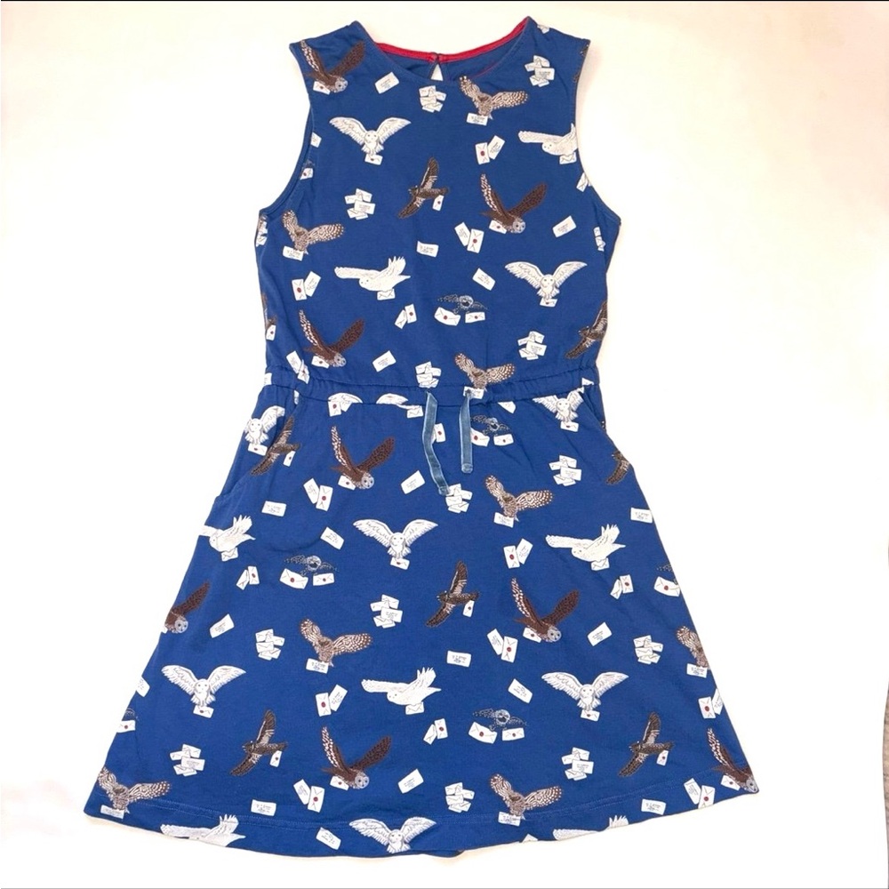 Girls Mini Boden Hedwig Owls blue dress printed knit Harry Potter 11 12